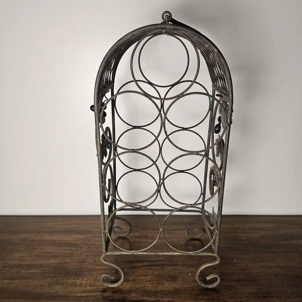 Vintage Rustic Freestanding Metal Wine Rack with Grape & Vine Design 7 Bottles